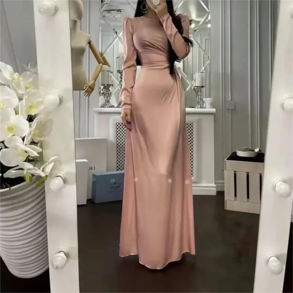 Drawstring Waist Slim Irregular Slit Solid Color Long Sleeve Elegant Dresses - Image 5