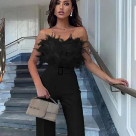 Strapless Feather Playsuit High Waist Romper Jumpsuit