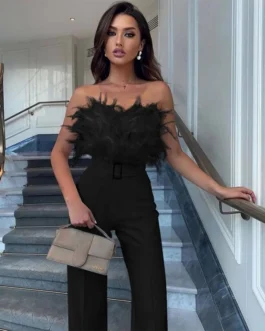 Strapless Feather Playsuit High Waist Romper Jumpsuit