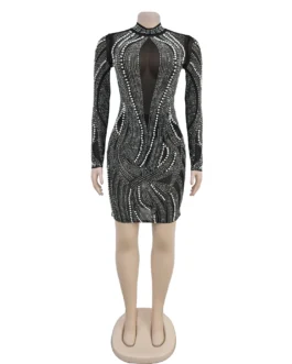 Popular Mesh V-Neck Long Sleeve Rhinestone Zipper Women’s Midi Dresses