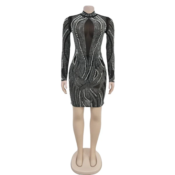 Popular Mesh V-Neck Long Sleeve Rhinestone Zipper Women's Midi Dresses - Image 2