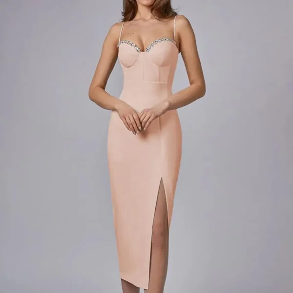 Spaghetti Straps Diamonds Sequin High Slit Bodycon Party Evening Dress - Image 3