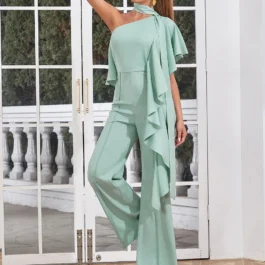 Halter Slim Short-sleeved Off-the-shoulder Irregular Casual Long Straight Jumpsuit
