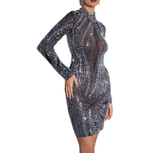 Popular Mesh V-Neck Long Sleeve Rhinestone Zipper Women's Midi Dresses
