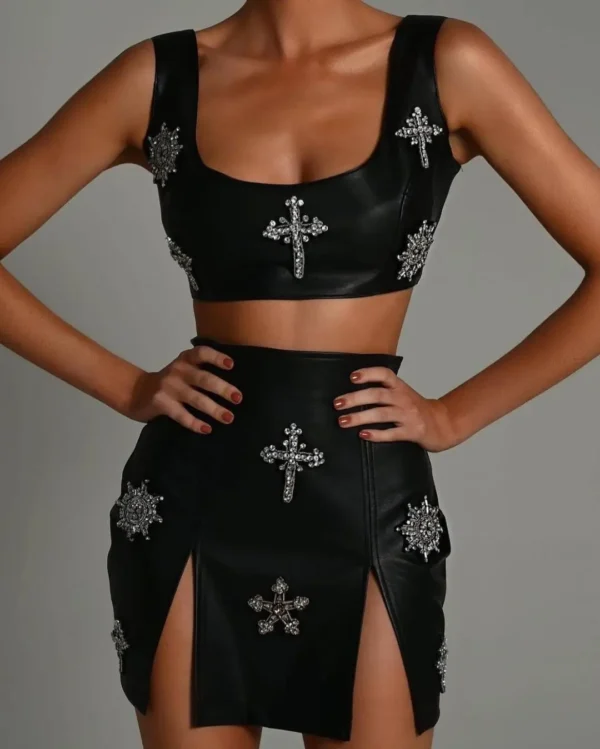 Black Crystal Drill Vest Top Split Two Piece Set Nightclub Leather Short Skirt Set
