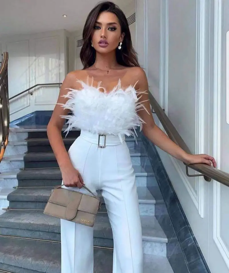 Strapless Feather Playsuit High Waist Romper Jumpsuit - Image 6