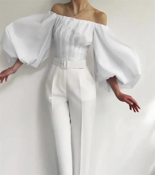 Long Sleeve Bubble Lantern Sleeve Strapless Waisted Women's Shirt - Image 3