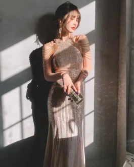 Champagne Gold Halter Neck Evening Dress with Tassel Detail