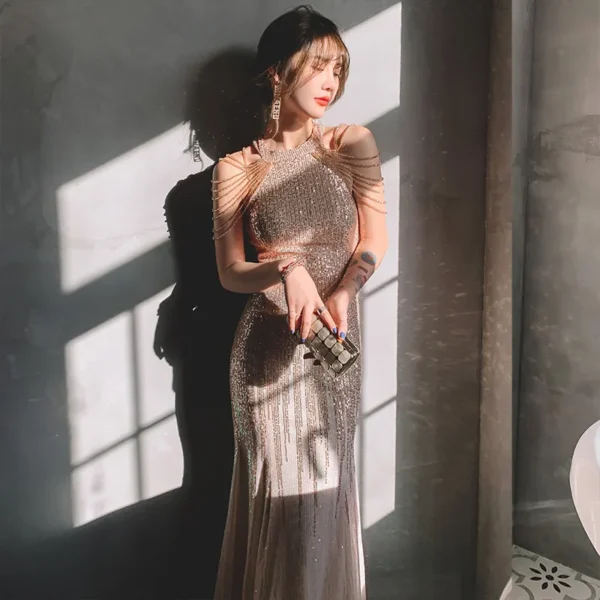 Halter Neck Tassel Long Fishtail champagne Gold Evening Dress