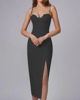 Spaghetti Straps Diamonds Sequin High Slit Bodycon Party Evening Dress