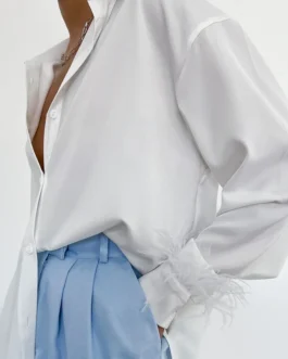 Long Sleeves Loose Blouses Office Lady Satin Turn Down Collar Tops