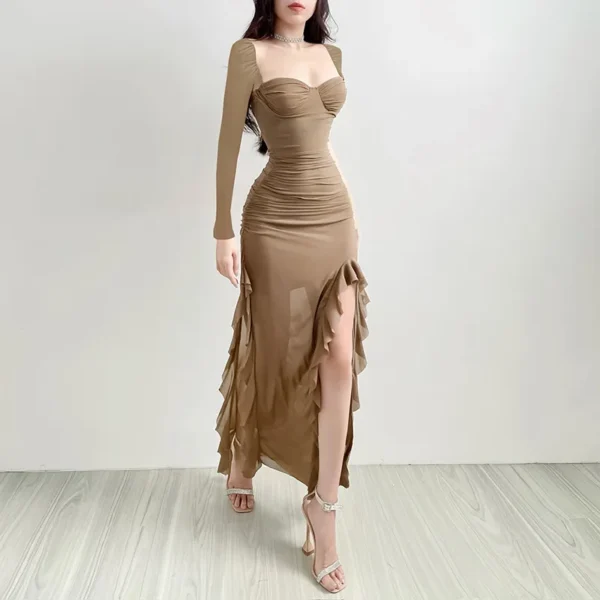 High Waist Fashion Square Neck Long Sleeve Mesh Split Women's Dresses - Image 6