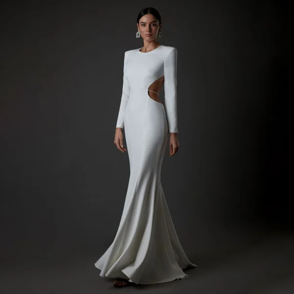 Hottest Long Sleeve Elegant Fishtail Stretch Hollow Dress With Diamonds Chain - Image 3