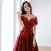 Red One Shoulder Strap Sexy Fluffy Satin Temperament Bridal Wedding Dress