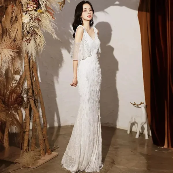 White Engagement Temperament Sweet Fishtail Evening Dress - Image 2
