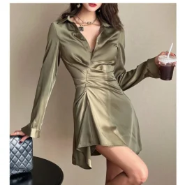 Casual Satin Long Sleeve Green Women's Shirt Dress
