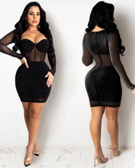 Luxury Rhinestone Slash Neck High Waist Lady Sparkly Mini Pencil Dresses