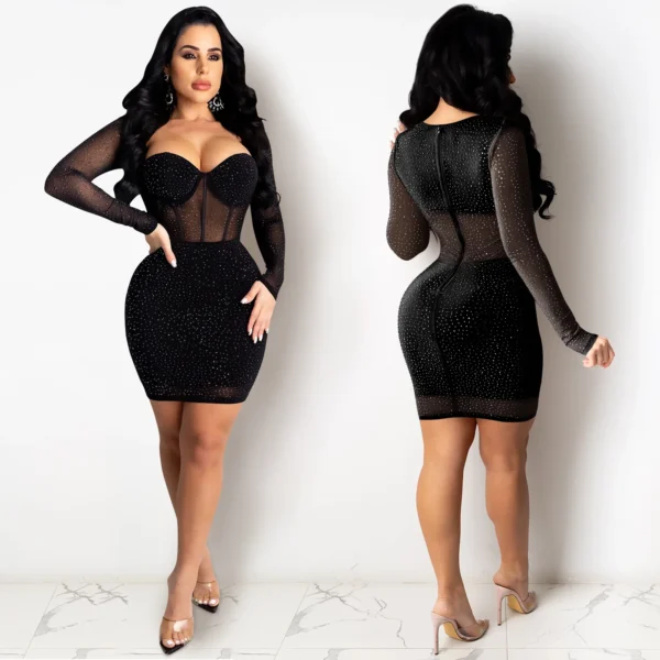 Luxury Rhinestone Slash Neck High Waist Lady Sparkly Mini Pencil Dresses - Image 2