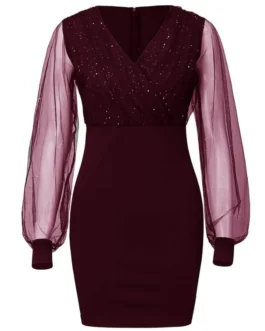 Mesh V-Neck Sequin Gown Slim Sexy Women’s Dresses