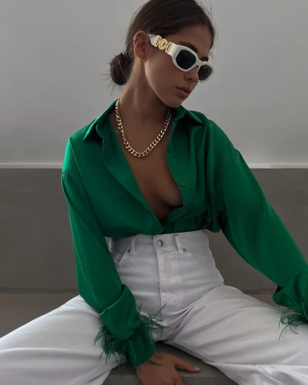 Long Sleeves Loose Blouses Office Lady Satin Turn Down Collar Tops - Image 4