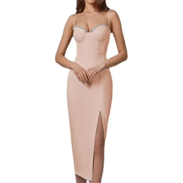 Spaghetti Straps Diamonds Sequin High Slit Bodycon Party Evening Dress - Image 4