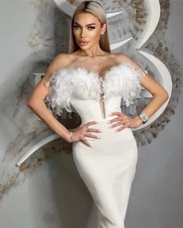 Feather Elegant Evening Club Party Bodycon Midi Dress