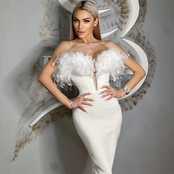 Feather Elegant Evening Club Party Bodycon Midi Dress - Image 3