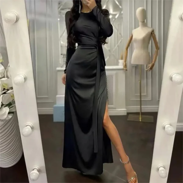 Drawstring Waist Slim Irregular Slit Solid Color Long Sleeve Elegant Dresses - Image 6
