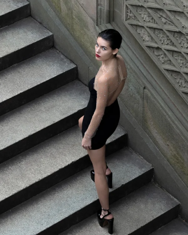 Black Short Particle Diamond Mesh Bandage Stretch Dress - Image 3