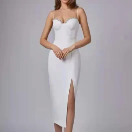 Spaghetti Straps Diamonds Sequin High Slit Bodycon Party Evening Dress
