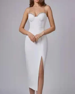 Spaghetti Straps Diamonds Sequin High Slit Bodycon Party Evening Dress