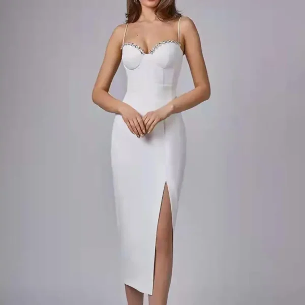 Spaghetti Straps Diamonds Sequin High Slit Bodycon Party Evening Dress - Image 2