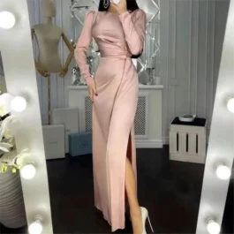 Drawstring Waist Slim Irregular Slit Solid Color Long Sleeve Elegant Dresses