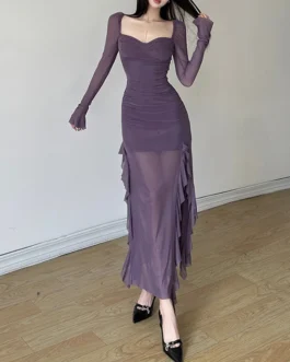 High Waist Fashion Square Neck Long Sleeve Mesh Split Women’s Dresses