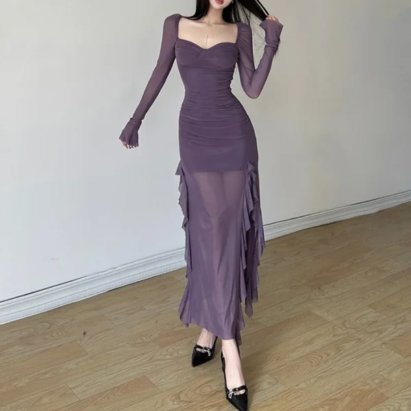 High Waist Fashion Square Neck Long Sleeve Mesh Split Women's Dresses