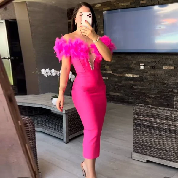Feather Elegant Evening Club Party Bodycon Midi Dress - Image 4