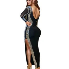 Solid Color Crew Neck Long Sleeve Backless Slit Bodycon Dress