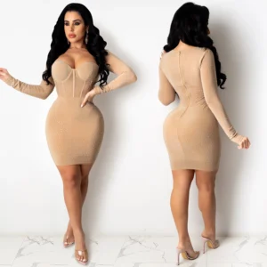 Luxury Rhinestone Slash Neck High Waist Lady Sparkly Mini Pencil Dresses