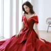 Red One Shoulder Strap Sexy Fluffy Satin Temperament Bridal Wedding Dress