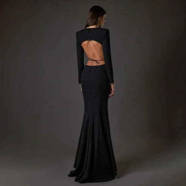 Hottest Long Sleeve Elegant Fishtail Stretch Hollow Dress With Diamonds Chain - Image 5