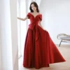 Red One Shoulder Strap Sexy Fluffy Satin Temperament Bridal Wedding Dress