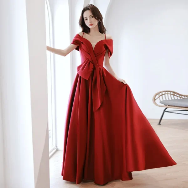 Red One Shoulder Strap Sexy Fluffy Satin Temperament Bridal Wedding Dress