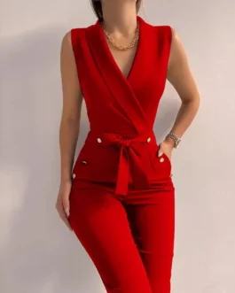 Solid Color Lapel Sleeveless Slim Tie Waist Women’s Fashion Jumpsuit