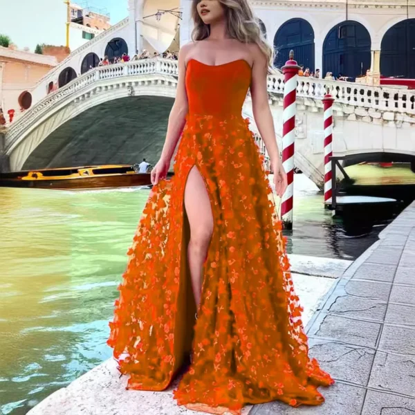 Mesh 3D Flower Tie Sexy Elegant Women's Banquet Dresses - Image 7