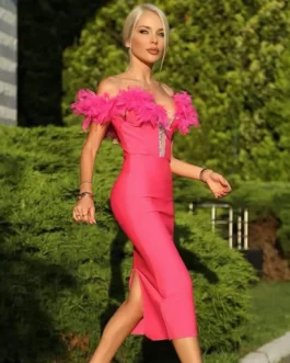Feather Elegant Evening Club Party Bodycon Midi Dress