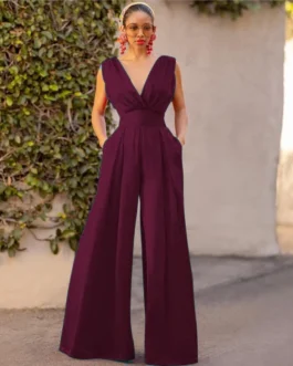 Summer New Solid Color Slim Sleeveless V-Neck High Waisted Jumpsuit