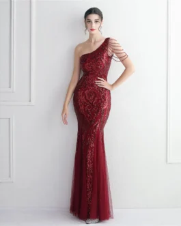 Thin Toast New Bead Mesh Process Bead Party Evening Dress