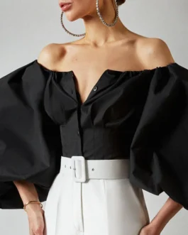 Long Sleeve Bubble Lantern Sleeve Strapless Waisted Women's Shirt