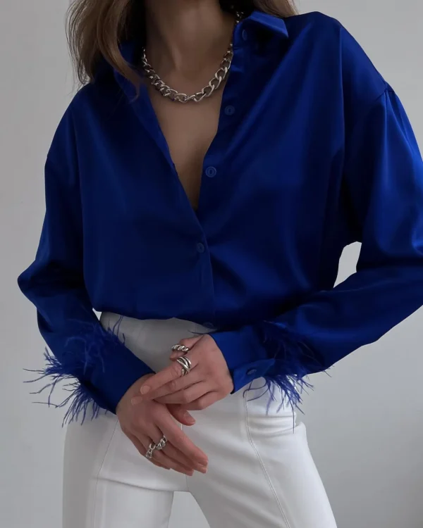 Long Sleeves Loose Blouses Office Lady Satin Turn Down Collar Tops - Image 3