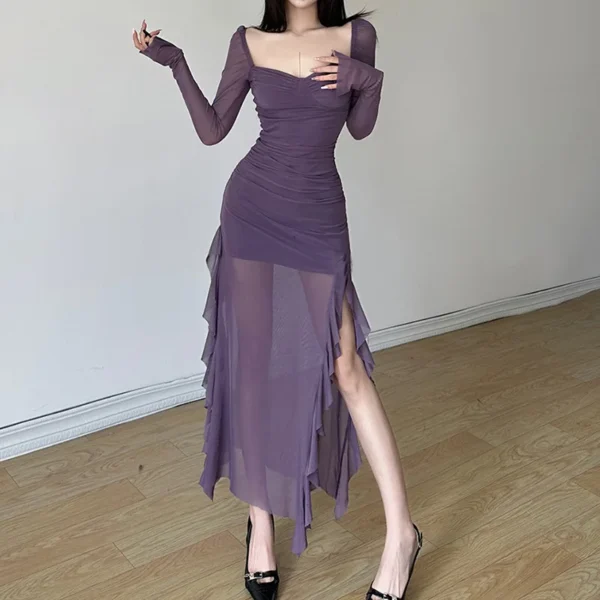 High Waist Fashion Square Neck Long Sleeve Mesh Split Women's Dresses - Image 4